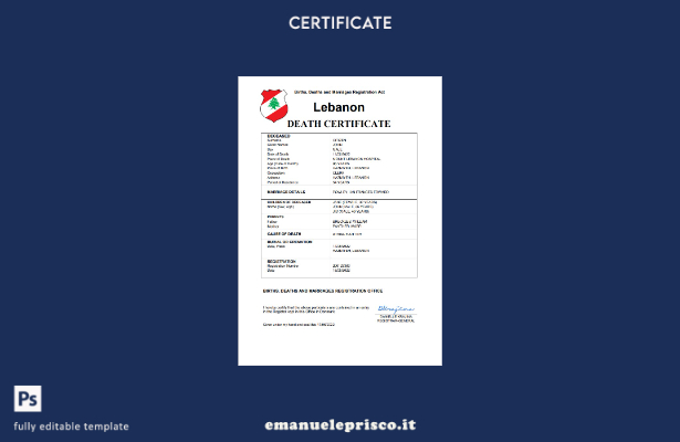 Modello Word e PDF del certificato di morte del Libano in stile verificato